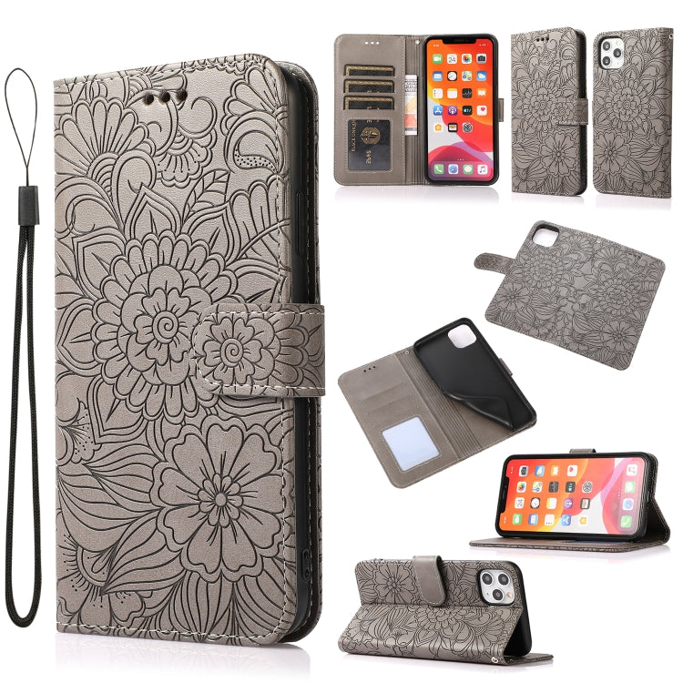 For iPhone 11 Pro Max Skin Feel Embossed Sunflower Horizontal Flip Leather Case with Holder & Card Slots & Wallet & Lanyard