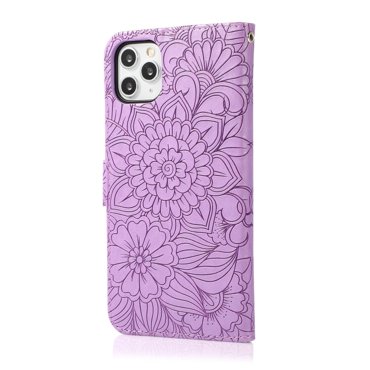 For iPhone 11 Pro Skin Feel Embossed Sunflower Horizontal Flip Leather Case with Holder & Card Slots & Wallet & Lanyard