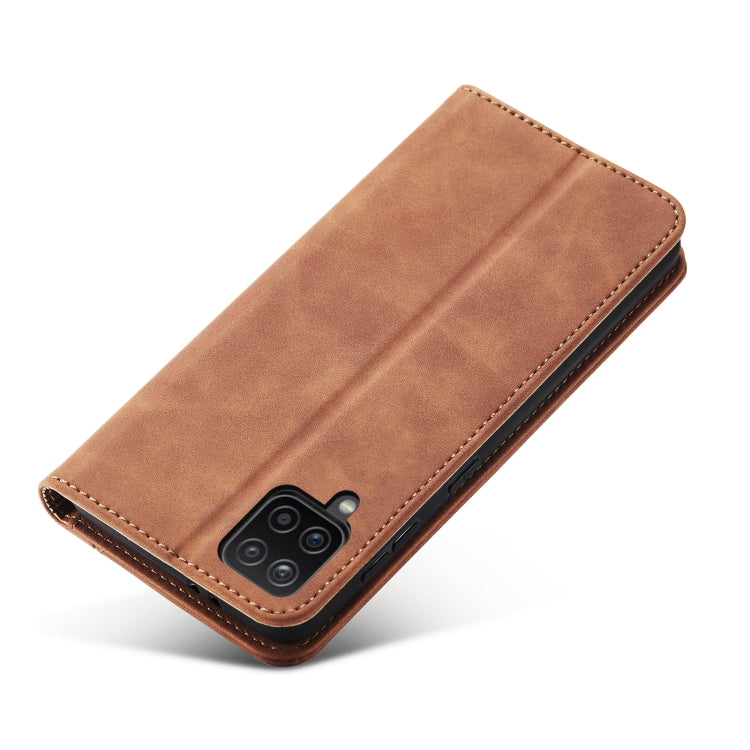 For Samsung Galaxy A12 5G Skin-feel Calfskin Texture Magnetic Dual-Fold Horizontal Flip Leather Case with Holder & Card Slots & Wallet