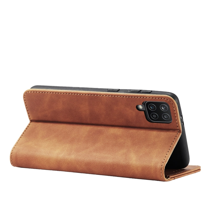 For Samsung Galaxy A12 5G Skin-feel Calfskin Texture Magnetic Dual-Fold Horizontal Flip Leather Case with Holder & Card Slots & Wallet