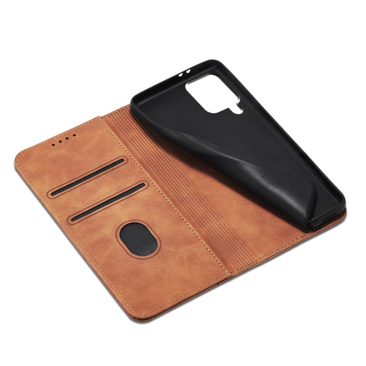 For Samsung Galaxy A12 5G Skin-feel Calfskin Texture Magnetic Dual-Fold Horizontal Flip Leather Case with Holder & Card Slots & Wallet