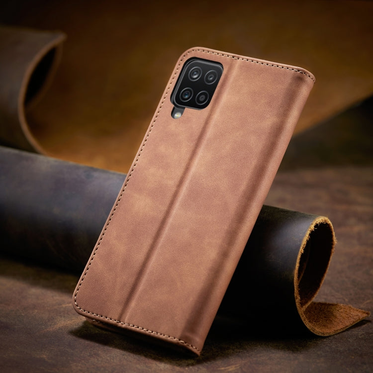 For Samsung Galaxy A12 5G Skin-feel Calfskin Texture Magnetic Dual-Fold Horizontal Flip Leather Case with Holder & Card Slots & Wallet