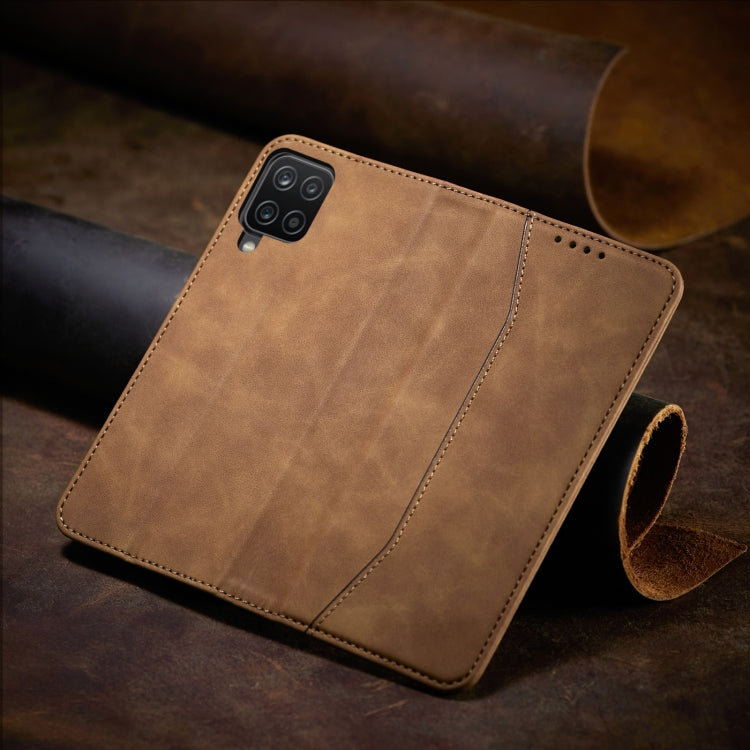For Samsung Galaxy A12 5G Skin-feel Calfskin Texture Magnetic Dual-Fold Horizontal Flip Leather Case with Holder & Card Slots & Wallet