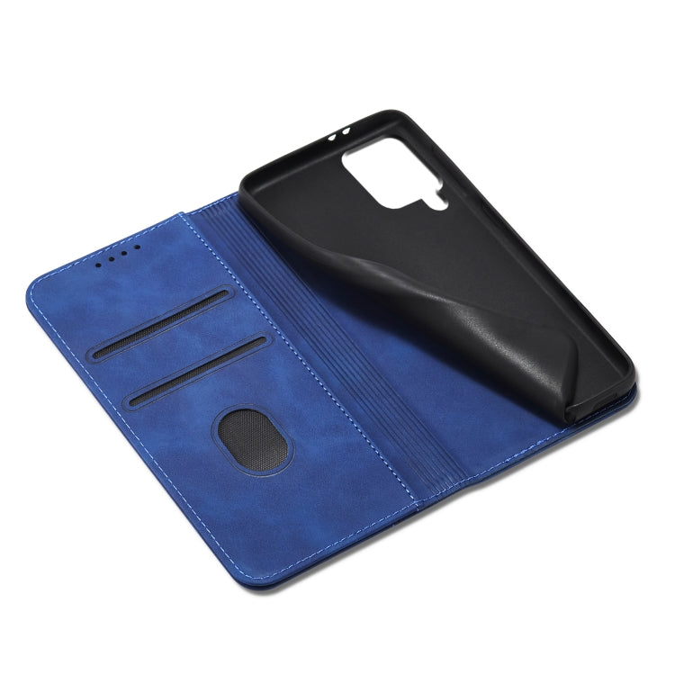For Samsung Galaxy A12 5G Skin-feel Calfskin Texture Magnetic Dual-Fold Horizontal Flip Leather Case with Holder & Card Slots & Wallet