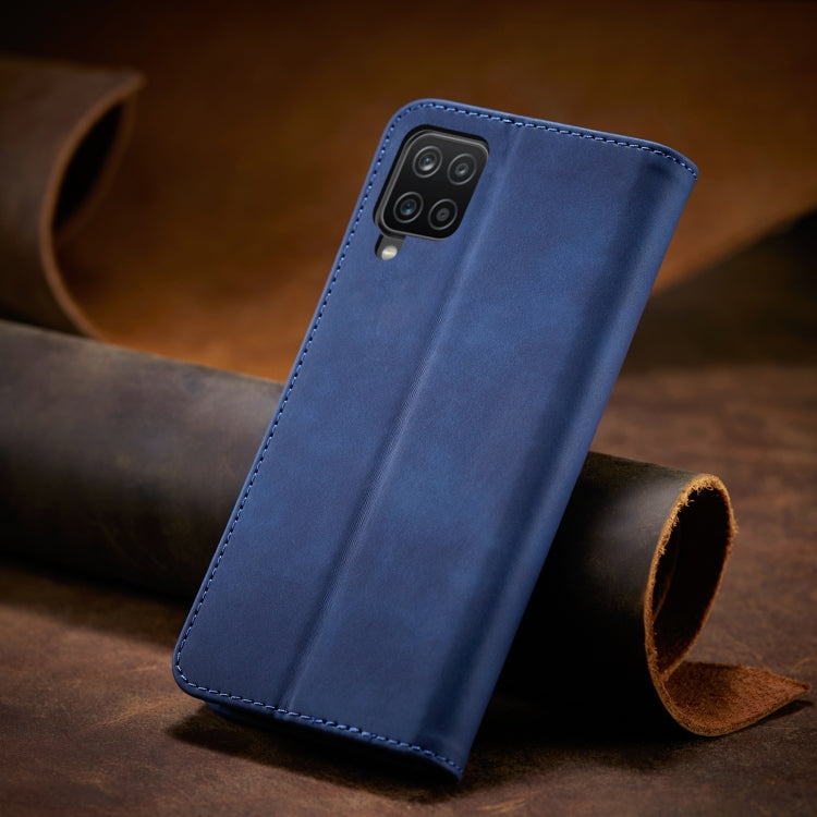 For Samsung Galaxy A12 5G Skin-feel Calfskin Texture Magnetic Dual-Fold Horizontal Flip Leather Case with Holder & Card Slots & Wallet