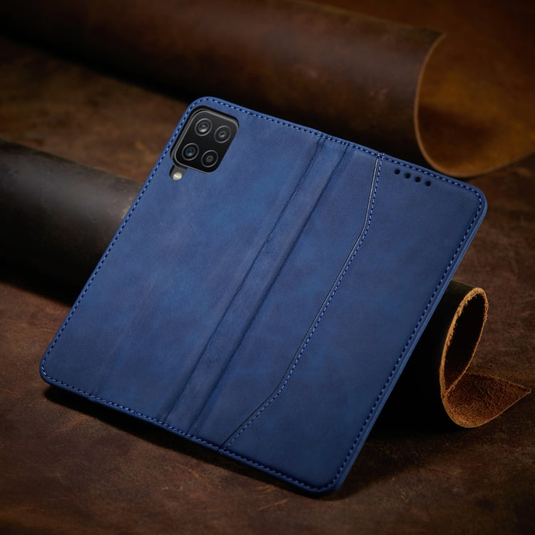 For Samsung Galaxy A12 5G Skin-feel Calfskin Texture Magnetic Dual-Fold Horizontal Flip Leather Case with Holder & Card Slots & Wallet