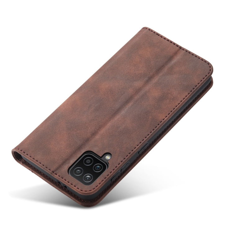 For Samsung Galaxy A12 5G Skin-feel Calfskin Texture Magnetic Dual-Fold Horizontal Flip Leather Case with Holder & Card Slots & Wallet