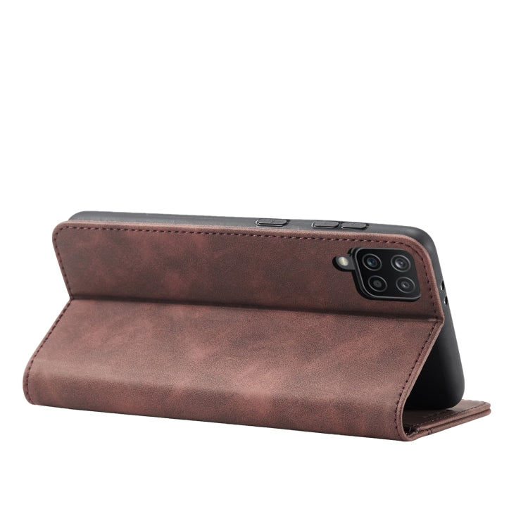 For Samsung Galaxy A12 5G Skin-feel Calfskin Texture Magnetic Dual-Fold Horizontal Flip Leather Case with Holder & Card Slots & Wallet