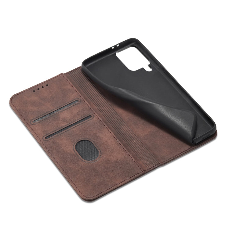 For Samsung Galaxy A12 5G Skin-feel Calfskin Texture Magnetic Dual-Fold Horizontal Flip Leather Case with Holder & Card Slots & Wallet