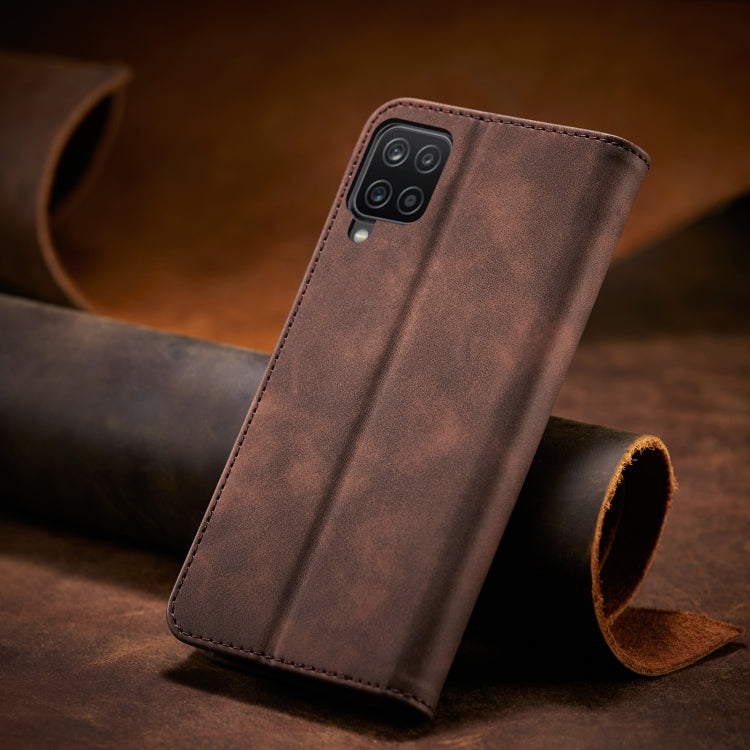 For Samsung Galaxy A12 5G Skin-feel Calfskin Texture Magnetic Dual-Fold Horizontal Flip Leather Case with Holder & Card Slots & Wallet