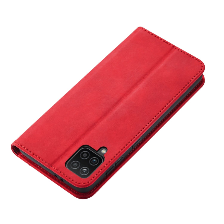 For Samsung Galaxy A12 5G Skin-feel Calfskin Texture Magnetic Dual-Fold Horizontal Flip Leather Case with Holder & Card Slots & Wallet