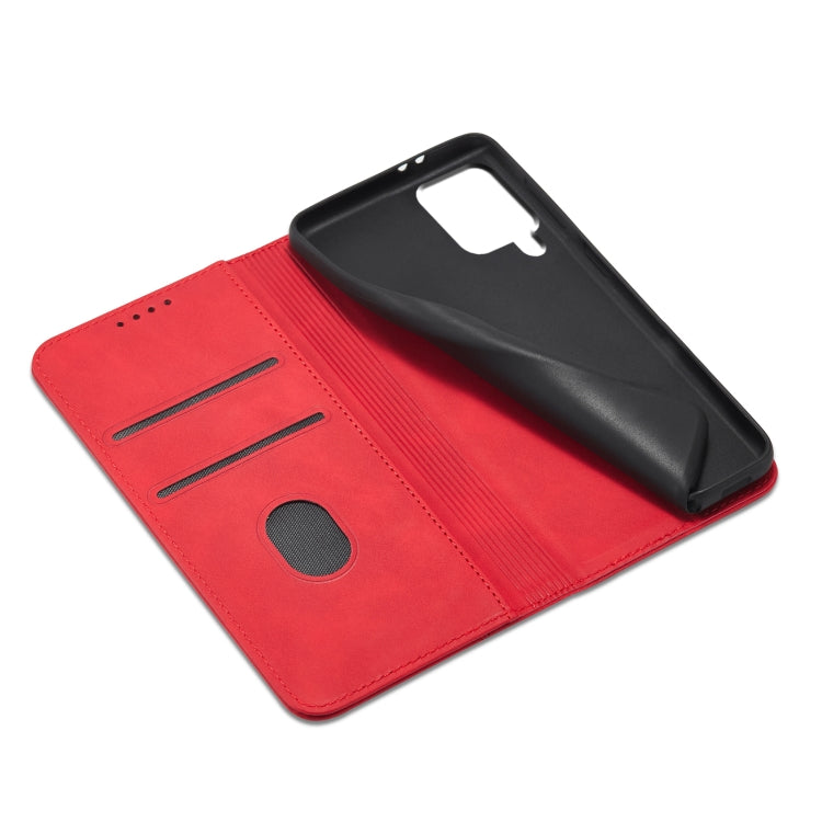 For Samsung Galaxy A12 5G Skin-feel Calfskin Texture Magnetic Dual-Fold Horizontal Flip Leather Case with Holder & Card Slots & Wallet