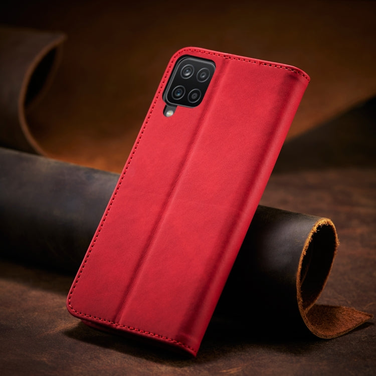 For Samsung Galaxy A12 5G Skin-feel Calfskin Texture Magnetic Dual-Fold Horizontal Flip Leather Case with Holder & Card Slots & Wallet