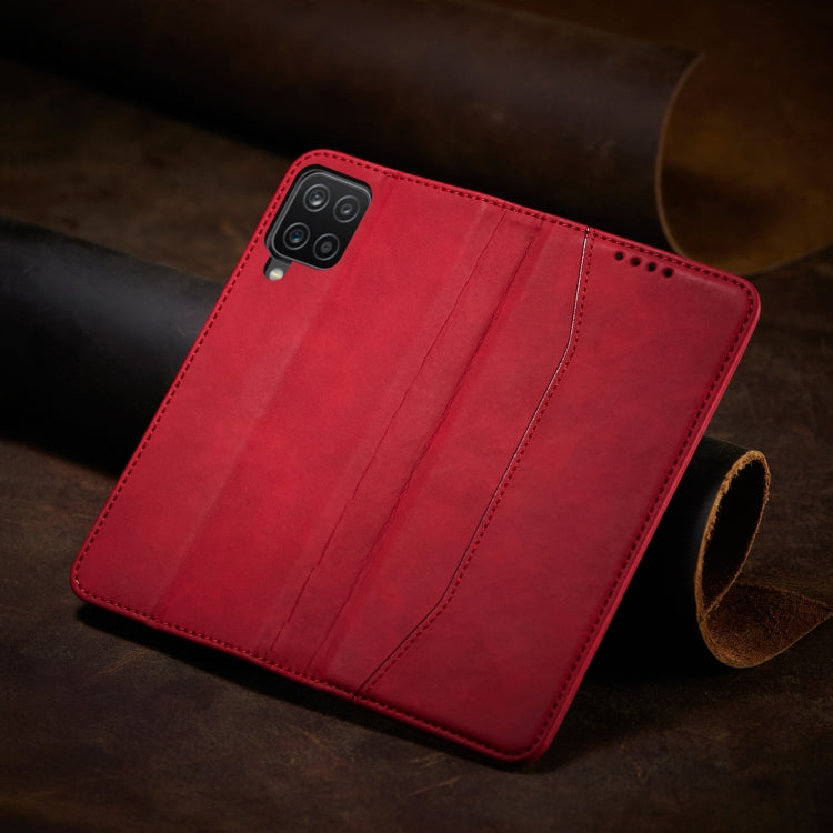 For Samsung Galaxy A12 5G Skin-feel Calfskin Texture Magnetic Dual-Fold Horizontal Flip Leather Case with Holder & Card Slots & Wallet