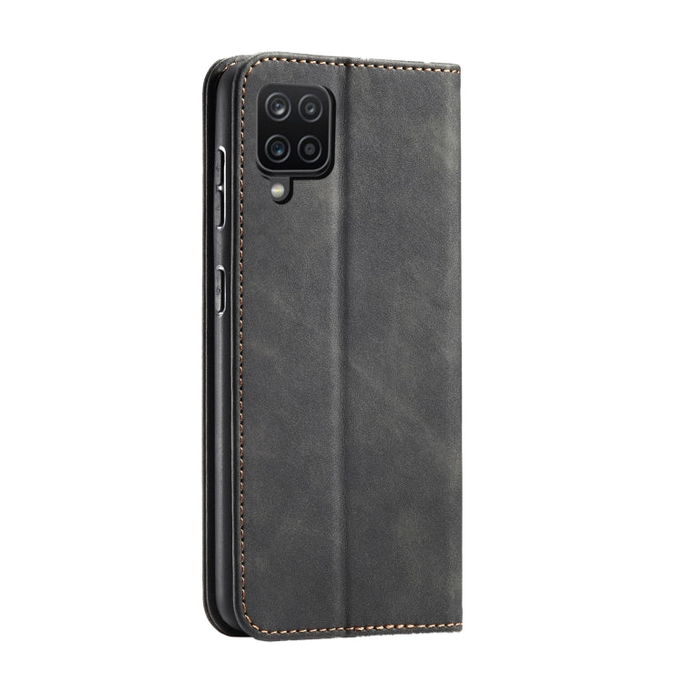 For Samsung Galaxy A12 5G Skin-feel Calfskin Texture Magnetic Dual-Fold Horizontal Flip Leather Case with Holder & Card Slots & Wallet