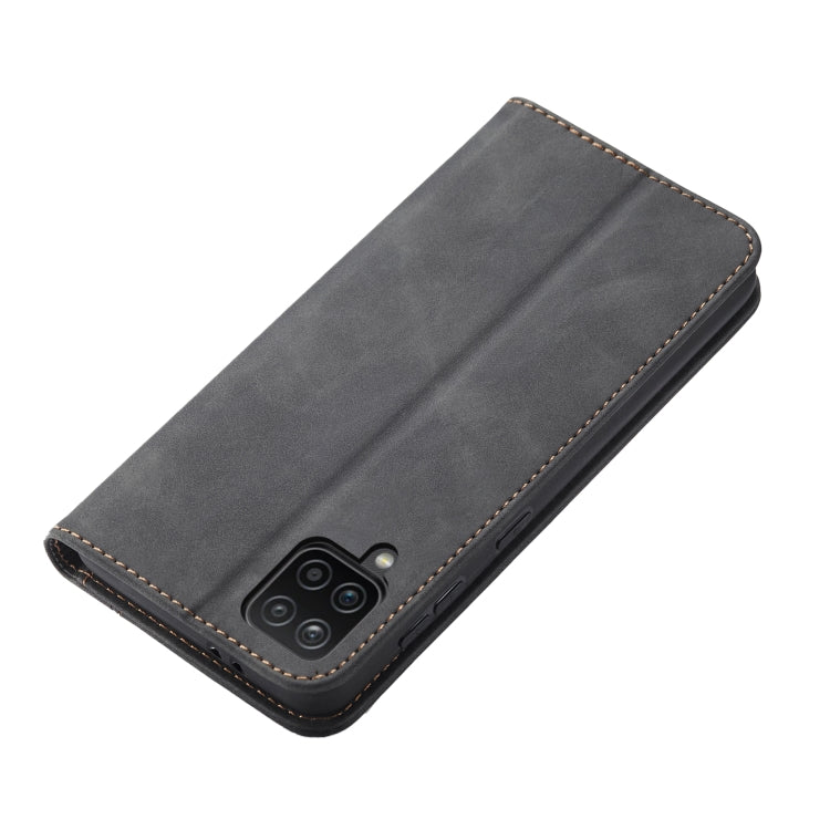 For Samsung Galaxy A12 5G Skin-feel Calfskin Texture Magnetic Dual-Fold Horizontal Flip Leather Case with Holder & Card Slots & Wallet