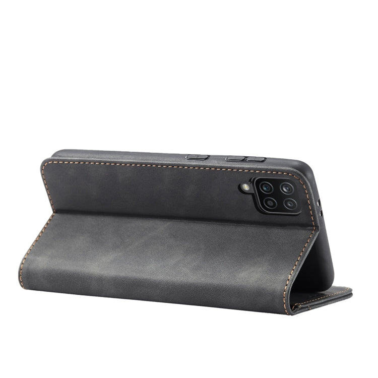 For Samsung Galaxy A12 5G Skin-feel Calfskin Texture Magnetic Dual-Fold Horizontal Flip Leather Case with Holder & Card Slots & Wallet