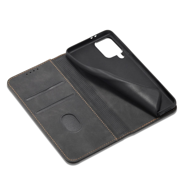 For Samsung Galaxy A12 5G Skin-feel Calfskin Texture Magnetic Dual-Fold Horizontal Flip Leather Case with Holder & Card Slots & Wallet