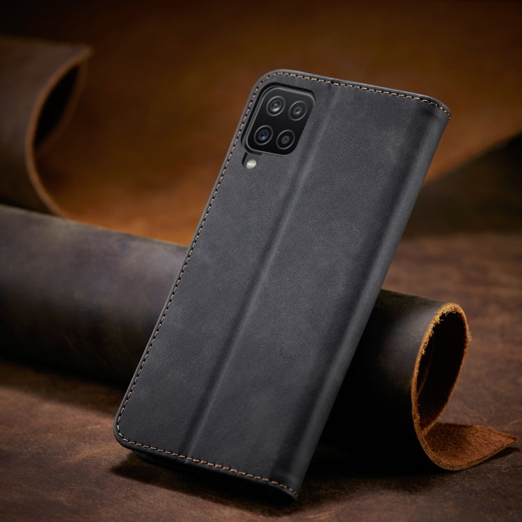 For Samsung Galaxy A12 5G Skin-feel Calfskin Texture Magnetic Dual-Fold Horizontal Flip Leather Case with Holder & Card Slots & Wallet