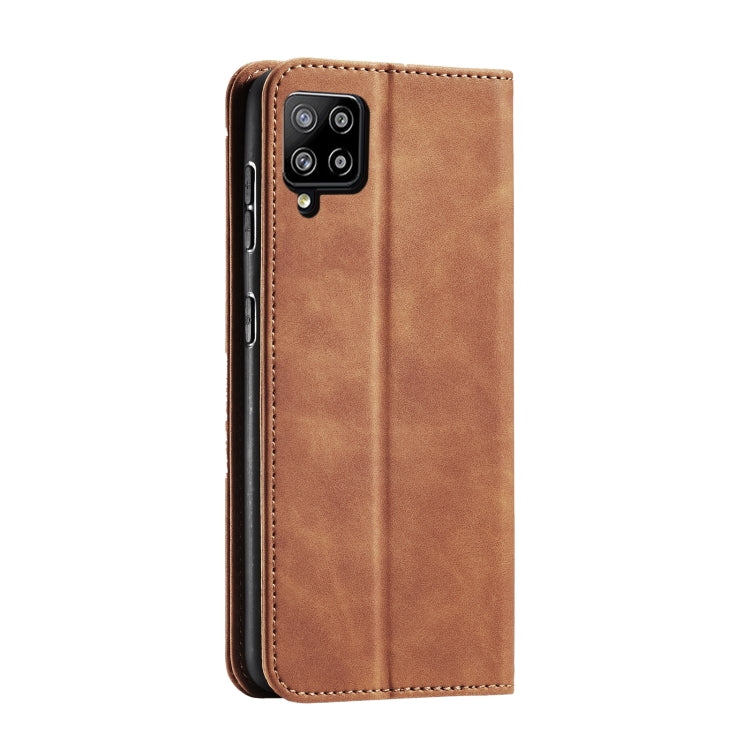 For Samsung Galaxy A42 5G Skin-feel Calfskin Texture Magnetic Dual-Fold Horizontal Flip Leather Case with Holder & Card Slots & Wallet