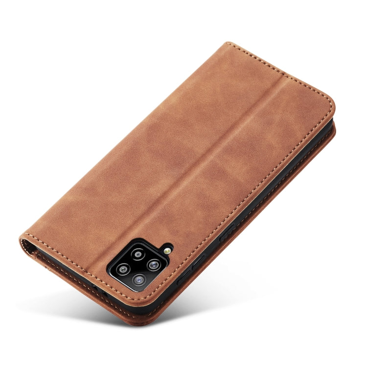 For Samsung Galaxy A42 5G Skin-feel Calfskin Texture Magnetic Dual-Fold Horizontal Flip Leather Case with Holder & Card Slots & Wallet