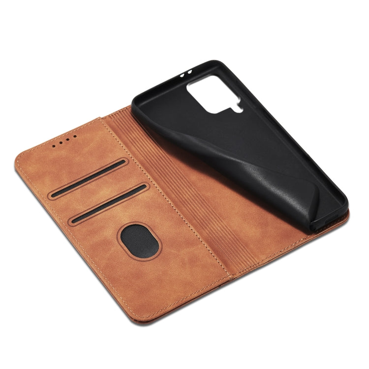For Samsung Galaxy A42 5G Skin-feel Calfskin Texture Magnetic Dual-Fold Horizontal Flip Leather Case with Holder & Card Slots & Wallet