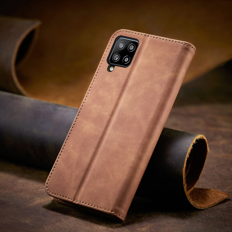 For Samsung Galaxy A42 5G Skin-feel Calfskin Texture Magnetic Dual-Fold Horizontal Flip Leather Case with Holder & Card Slots & Wallet
