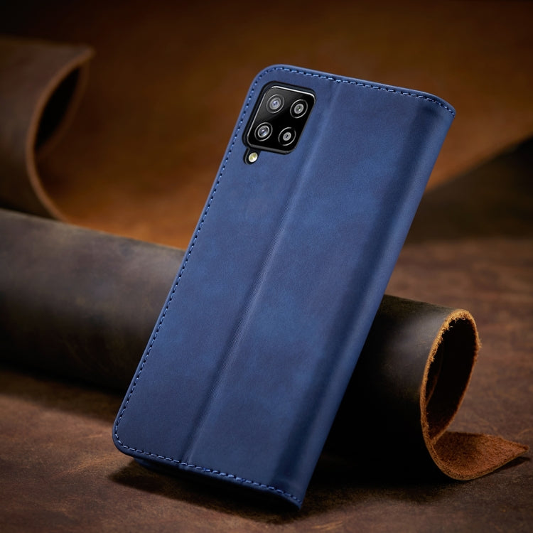 For Samsung Galaxy A42 5G Skin-feel Calfskin Texture Magnetic Dual-Fold Horizontal Flip Leather Case with Holder & Card Slots & Wallet