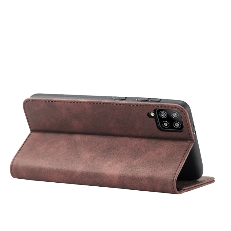 For Samsung Galaxy A42 5G Skin-feel Calfskin Texture Magnetic Dual-Fold Horizontal Flip Leather Case with Holder & Card Slots & Wallet