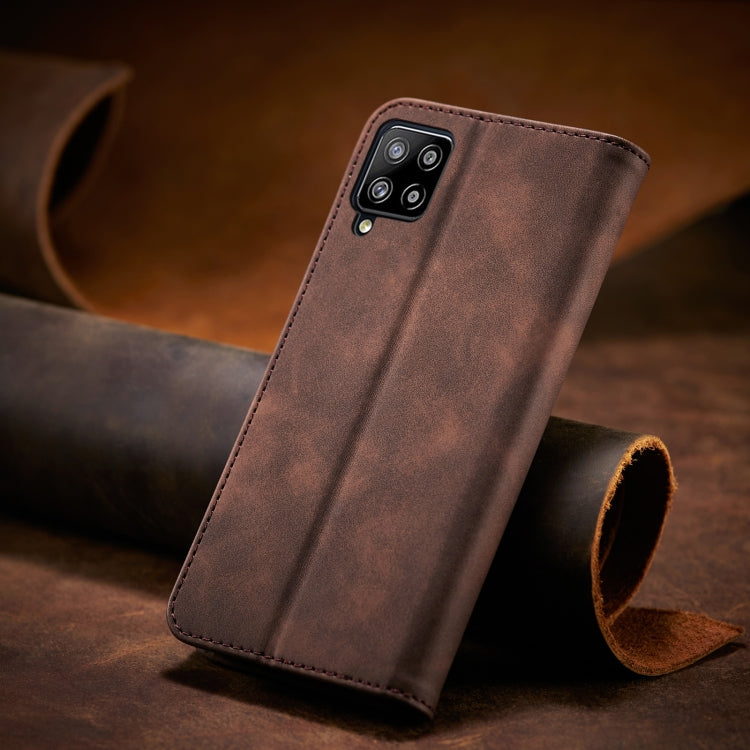 For Samsung Galaxy A42 5G Skin-feel Calfskin Texture Magnetic Dual-Fold Horizontal Flip Leather Case with Holder & Card Slots & Wallet