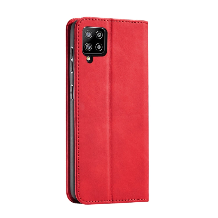 For Samsung Galaxy A42 5G Skin-feel Calfskin Texture Magnetic Dual-Fold Horizontal Flip Leather Case with Holder & Card Slots & Wallet