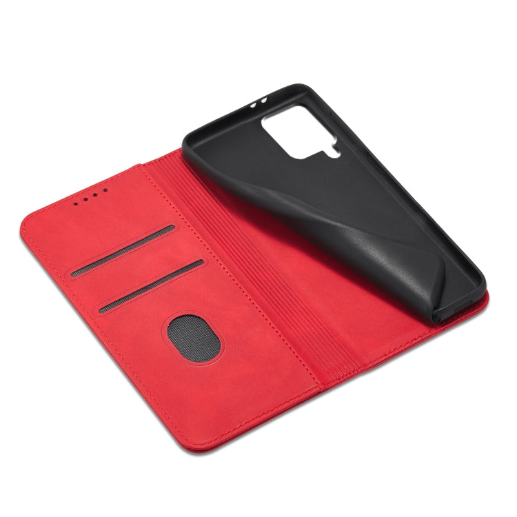 For Samsung Galaxy A42 5G Skin-feel Calfskin Texture Magnetic Dual-Fold Horizontal Flip Leather Case with Holder & Card Slots & Wallet