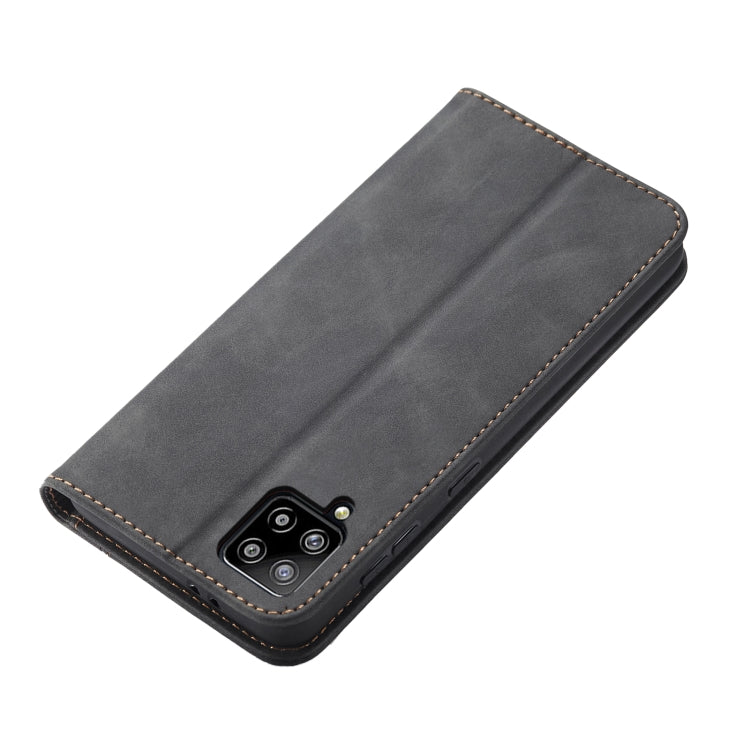 For Samsung Galaxy A42 5G Skin-feel Calfskin Texture Magnetic Dual-Fold Horizontal Flip Leather Case with Holder & Card Slots & Wallet