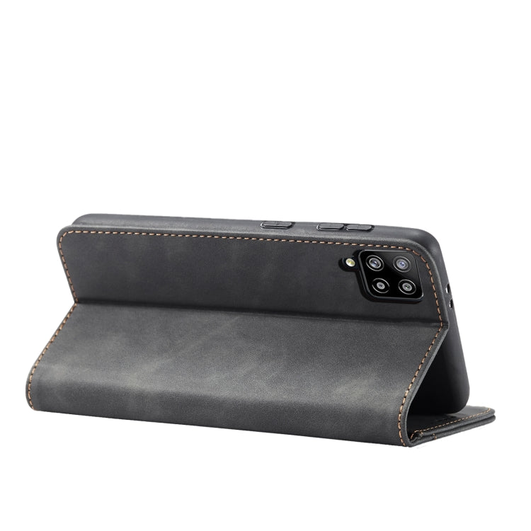 For Samsung Galaxy A42 5G Skin-feel Calfskin Texture Magnetic Dual-Fold Horizontal Flip Leather Case with Holder & Card Slots & Wallet