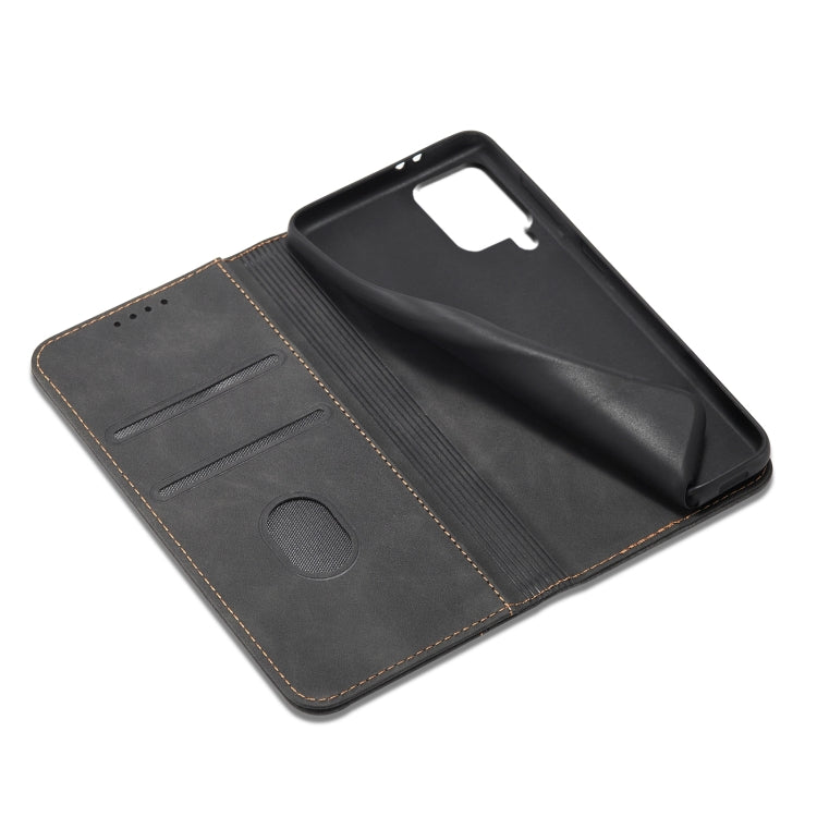For Samsung Galaxy A42 5G Skin-feel Calfskin Texture Magnetic Dual-Fold Horizontal Flip Leather Case with Holder & Card Slots & Wallet