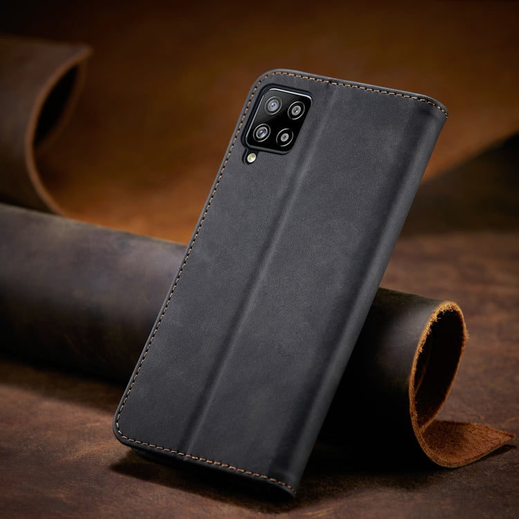 For Samsung Galaxy A42 5G Skin-feel Calfskin Texture Magnetic Dual-Fold Horizontal Flip Leather Case with Holder & Card Slots & Wallet