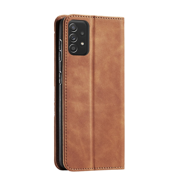 For Samsung Galaxy A52 Skin-feel Calfskin Texture Magnetic Dual-Fold Horizontal Flip Leather Case with Holder & Card Slots & Wallet