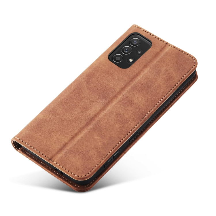 For Samsung Galaxy A52 Skin-feel Calfskin Texture Magnetic Dual-Fold Horizontal Flip Leather Case with Holder & Card Slots & Wallet