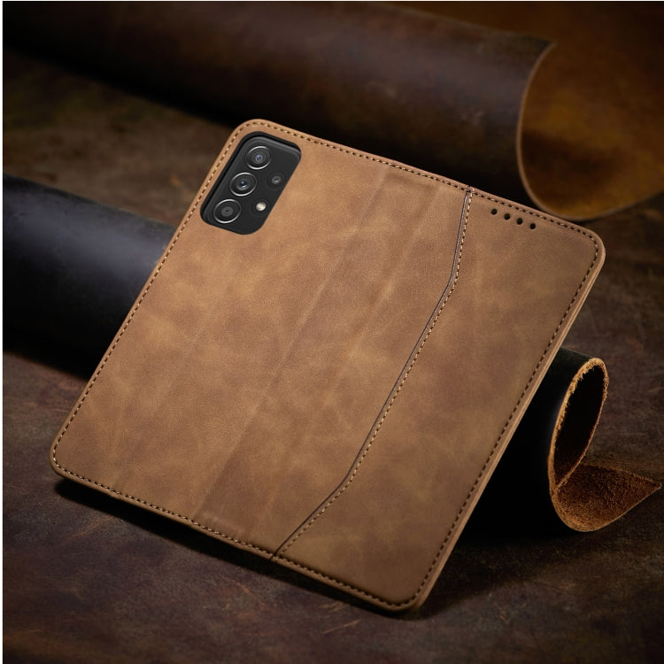 For Samsung Galaxy A52 Skin-feel Calfskin Texture Magnetic Dual-Fold Horizontal Flip Leather Case with Holder & Card Slots & Wallet