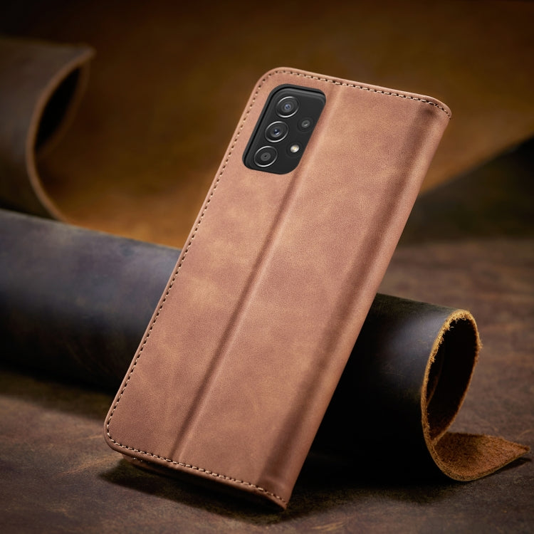 For Samsung Galaxy A52 Skin-feel Calfskin Texture Magnetic Dual-Fold Horizontal Flip Leather Case with Holder & Card Slots & Wallet