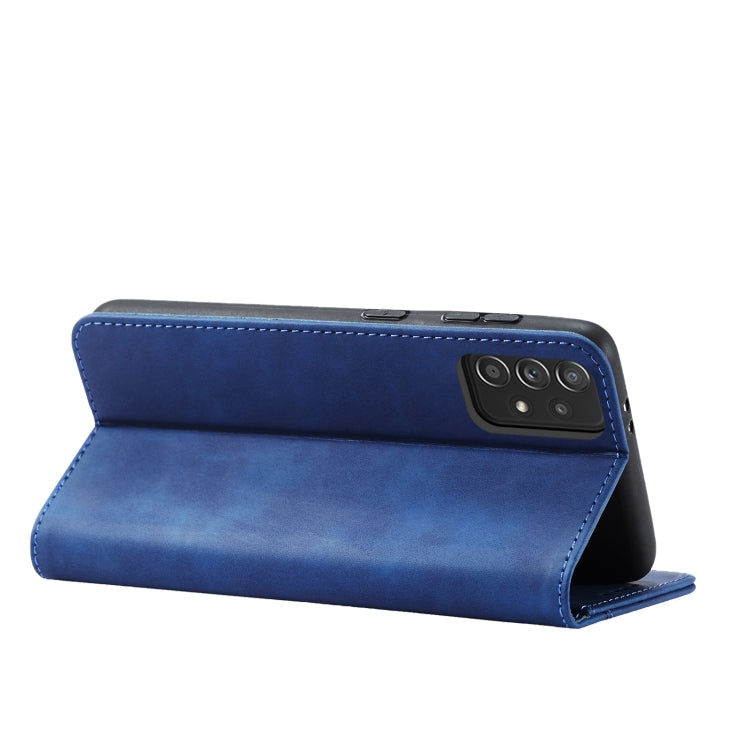 For Samsung Galaxy A52 Skin-feel Calfskin Texture Magnetic Dual-Fold Horizontal Flip Leather Case with Holder & Card Slots & Wallet