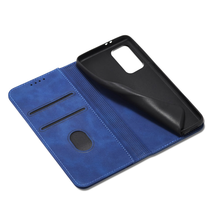 For Samsung Galaxy A52 Skin-feel Calfskin Texture Magnetic Dual-Fold Horizontal Flip Leather Case with Holder & Card Slots & Wallet