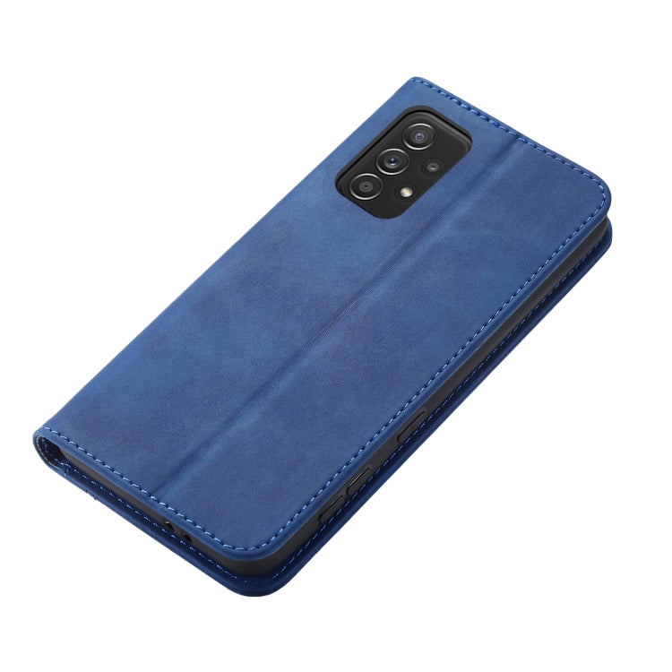 For Samsung Galaxy A52 Skin-feel Calfskin Texture Magnetic Dual-Fold Horizontal Flip Leather Case with Holder & Card Slots & Wallet