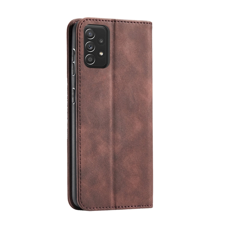 For Samsung Galaxy A52 Skin-feel Calfskin Texture Magnetic Dual-Fold Horizontal Flip Leather Case with Holder & Card Slots & Wallet