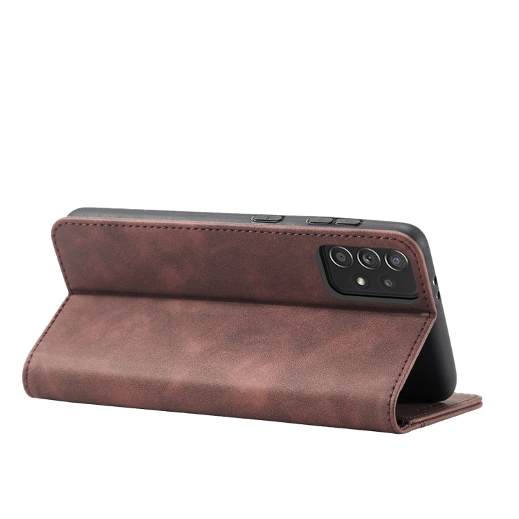 For Samsung Galaxy A52 Skin-feel Calfskin Texture Magnetic Dual-Fold Horizontal Flip Leather Case with Holder & Card Slots & Wallet