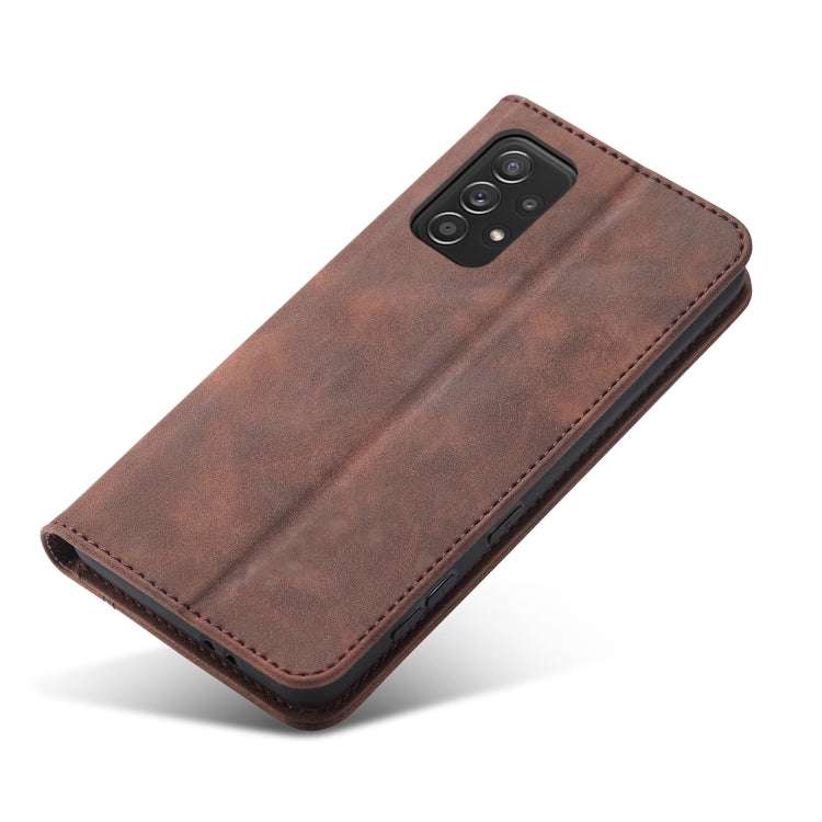 For Samsung Galaxy A52 Skin-feel Calfskin Texture Magnetic Dual-Fold Horizontal Flip Leather Case with Holder & Card Slots & Wallet