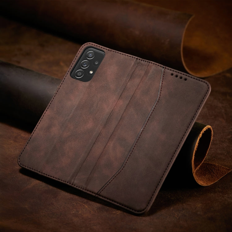 For Samsung Galaxy A52 Skin-feel Calfskin Texture Magnetic Dual-Fold Horizontal Flip Leather Case with Holder & Card Slots & Wallet