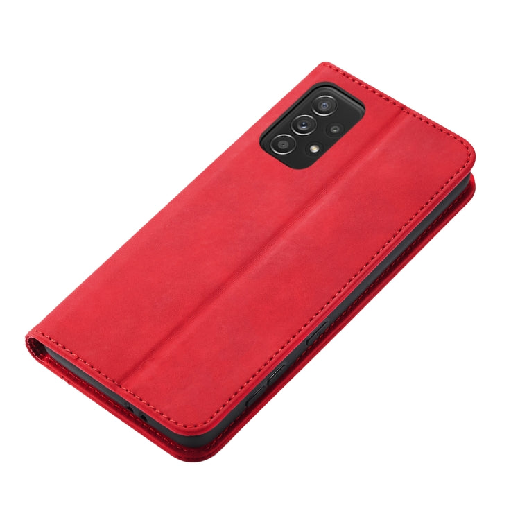 For Samsung Galaxy A52 Skin-feel Calfskin Texture Magnetic Dual-Fold Horizontal Flip Leather Case with Holder & Card Slots & Wallet