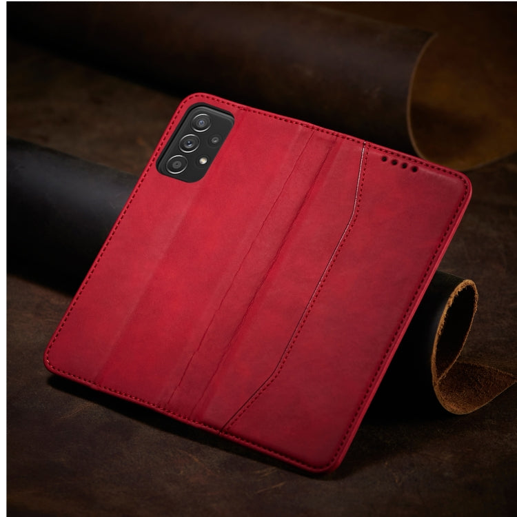For Samsung Galaxy A52 Skin-feel Calfskin Texture Magnetic Dual-Fold Horizontal Flip Leather Case with Holder & Card Slots & Wallet