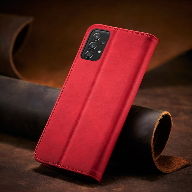 For Samsung Galaxy A52 Skin-feel Calfskin Texture Magnetic Dual-Fold Horizontal Flip Leather Case with Holder & Card Slots & Wallet